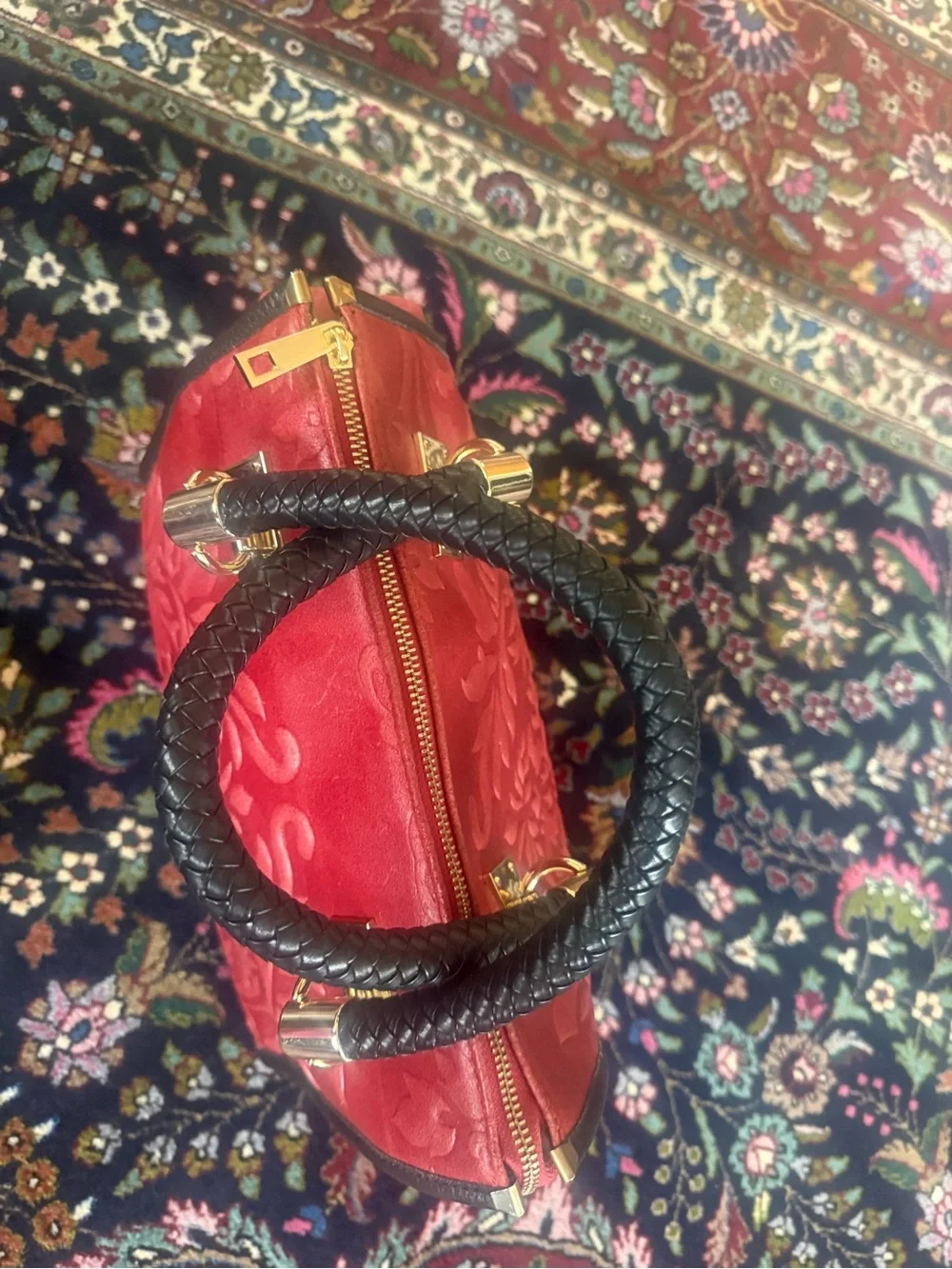 Red Embossed Floral Top-Handle Bag